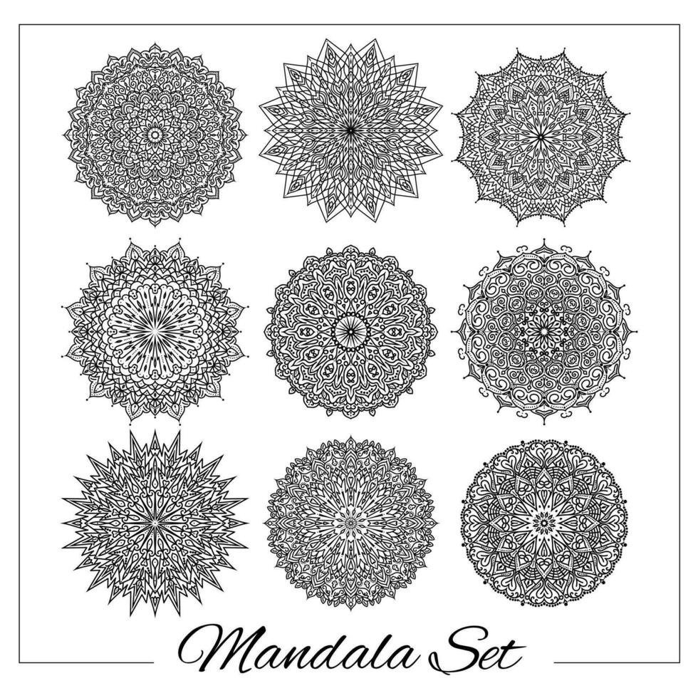 einstellen von Mandalas. geometrisch kreisförmig Ornament Satz. isoliert Vektor erarbeiten Mandalas zum Färbung Buch Drucken, Design, Logo, Yoga, indisch und Arabisch Drucke. orientalisch Verschönerung Elemente.