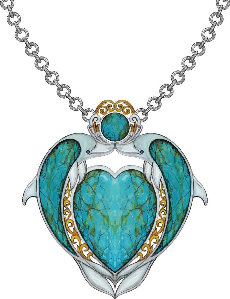 Smycken design fint turkos uppsättning med hjärta och delfiner hängsmycke hand teckning och målning göra grafisk vektor. vektor