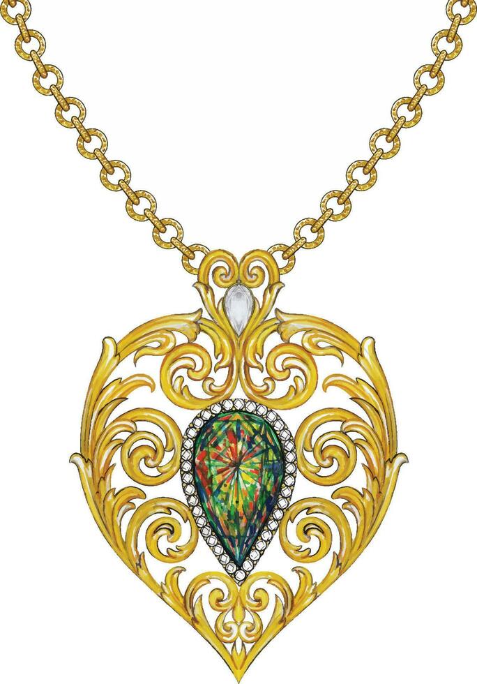 Smycken design årgång hjärta uppsättning med svart opal guld hängsmycke hand teckning och målning göra grafisk vektor. vektor