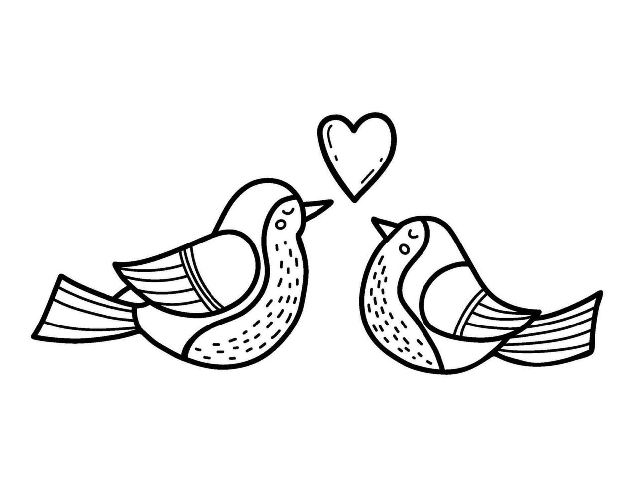 Paar von Liebe Vögel mit Herz. linear Hand Zeichnung. Vektor Illustration. gefiedert Paar zum Urlaub Karten und Valentinstag, Färbung und dekorieren.