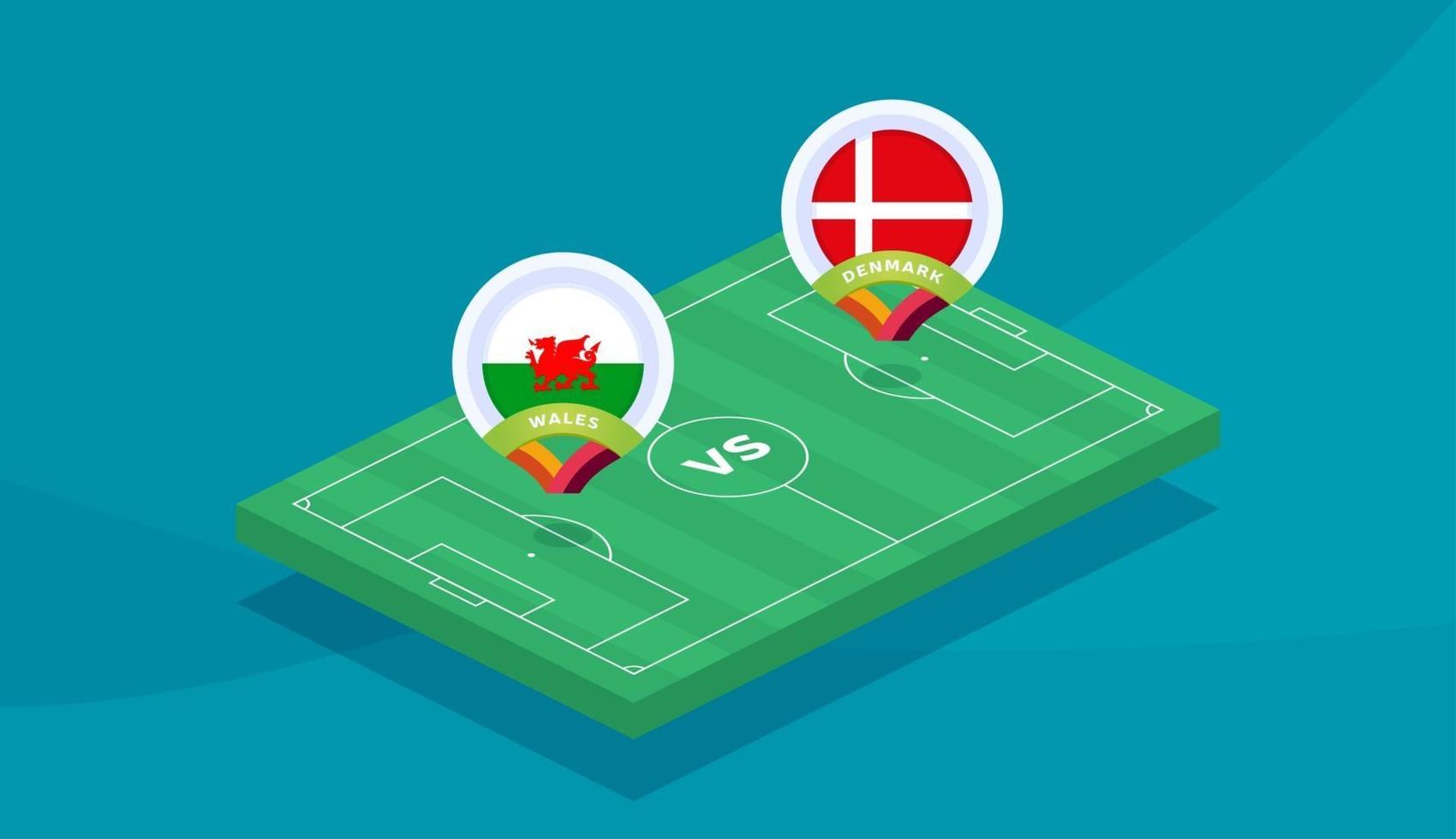 Wales vs Dänemark Runde 16 Spiel, Fußball-Europameisterschaft 2020 Vektorgrafik. Fußball-Meisterschaftsspiel 2020 gegen Mannschafts-Intro-Sport-Hintergrund vektor