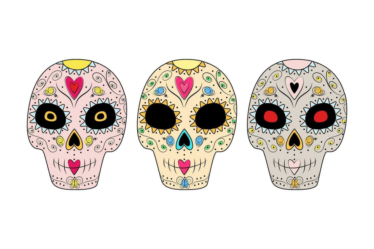 uppsättning av 3 mönstrad abstrakt socker skallar. dag av de död. dia de los muertos. Mexiko. vektor. eps vektor