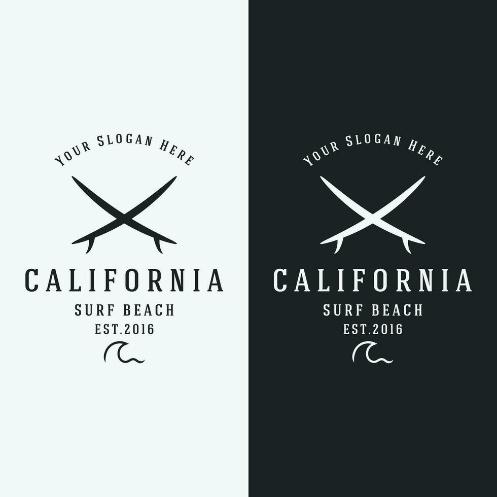 Sommer- Surfen Kalifornien Logo Vorlage retro Jahrgang mit Surfbrett und Wellen Konzept.Logo zum Etikett, Sommer- Urlaub, Geschäft, Abzeichen. vektor