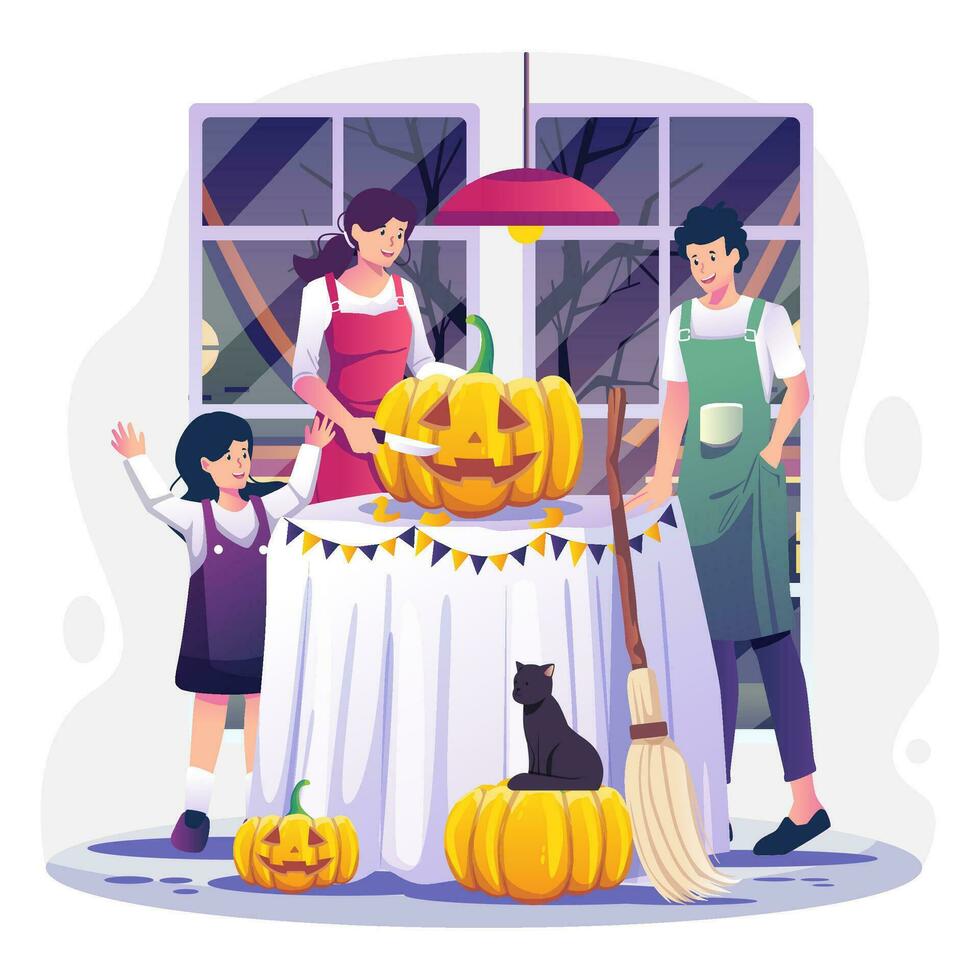 Lycklig halloween barn med deras föräldrar och halloween pumpor illustration bunt packa oktober vektor eps