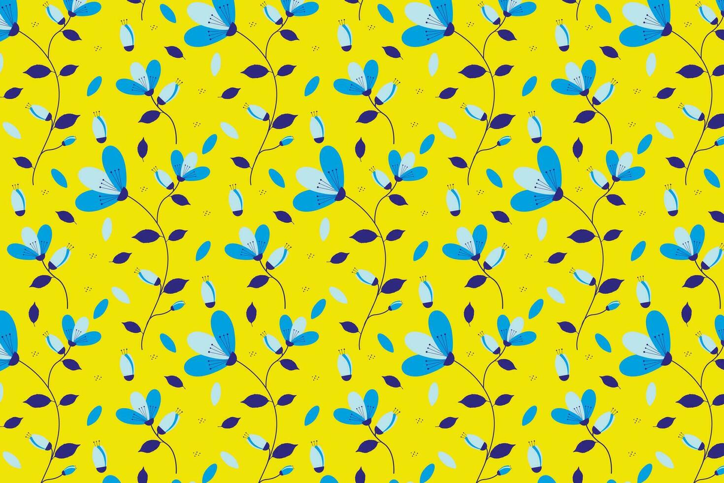 Muster von Blumen mit Blau Blütenblätter auf ein Gelb Hintergrund vektor