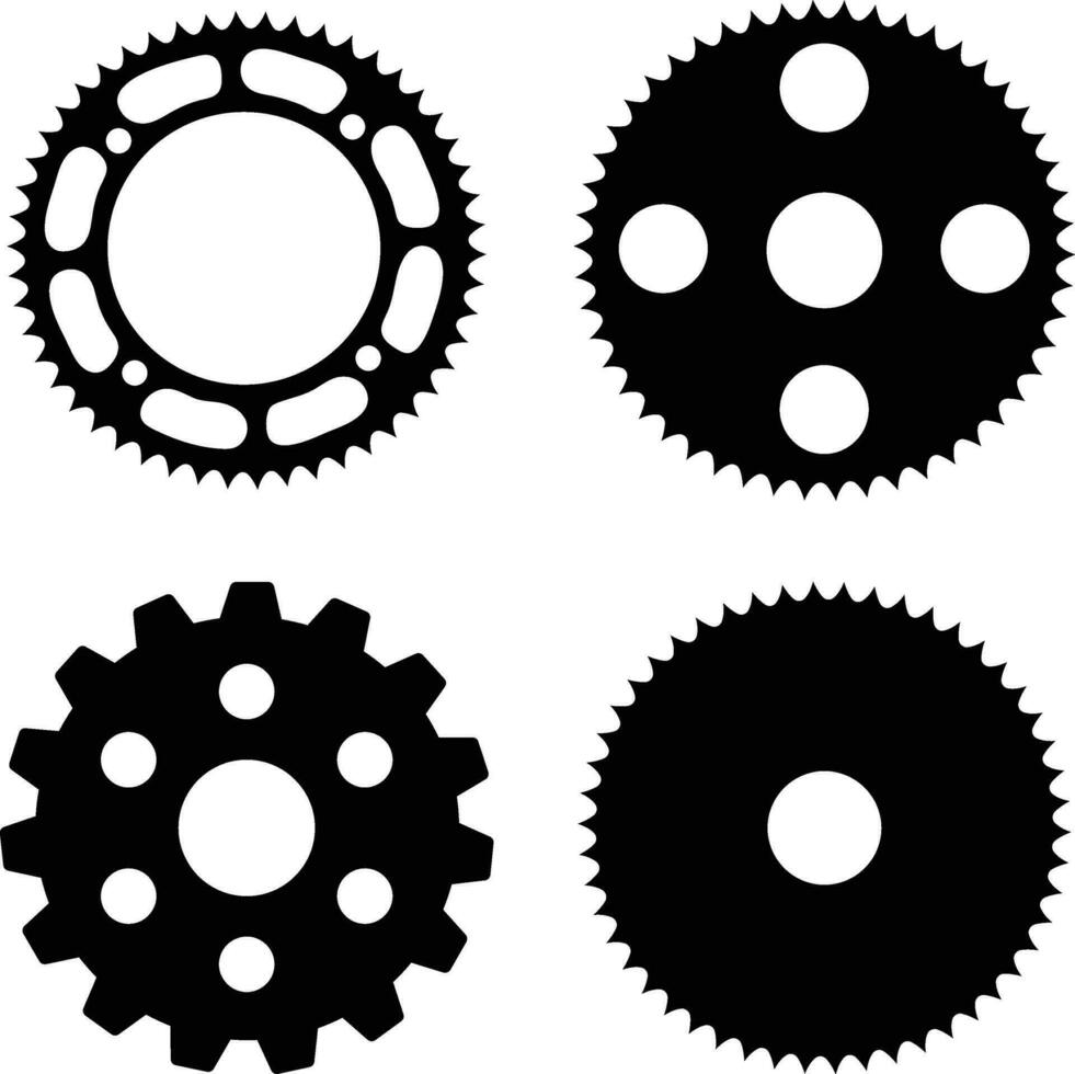 Ausrüstung Rad Maschine Symbol Satz. eben Design. isoliert schwarz Vektor