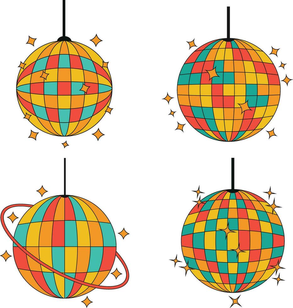 retro disko boll ikon uppsättning. tecknad serie stil. 80s fest symbol vektor