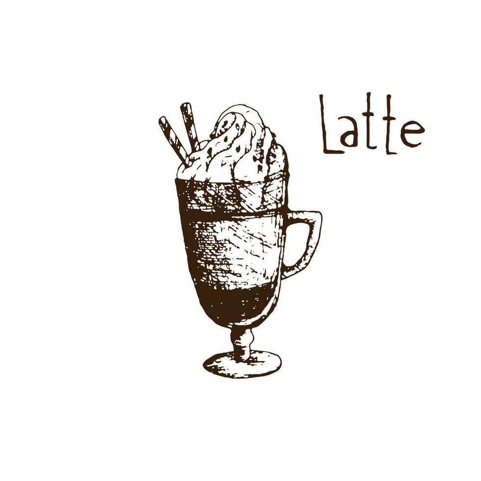 hand dragen årgång glas av latte kaffe med ätlig strån vektor illustration. kaffe med mjölk och grädde och choklad garnering i en glas med en hantera. penna dragen i årgång gravyr stil.
