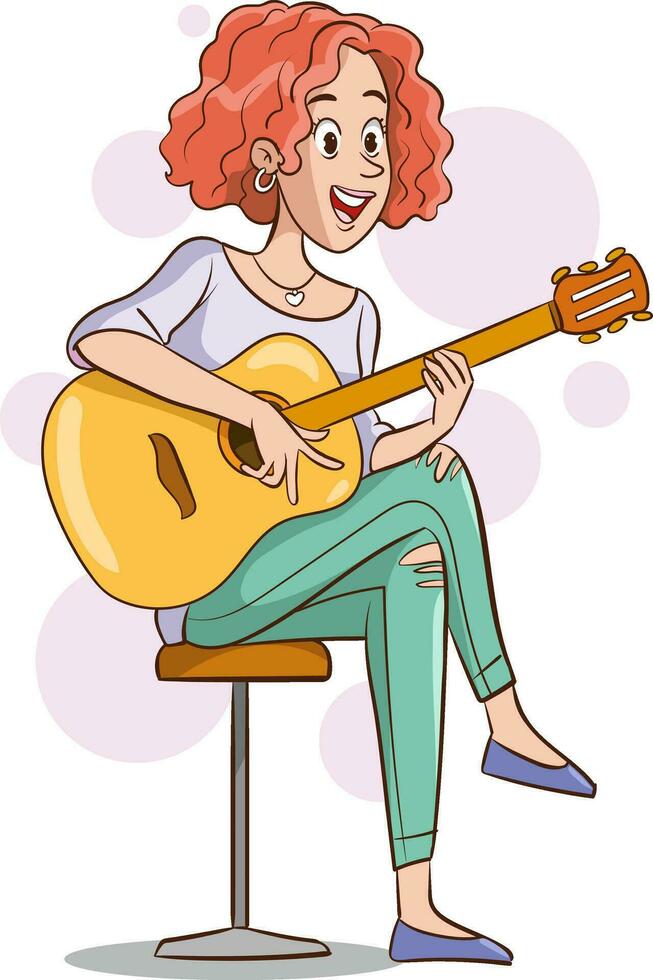 jung schön Frau ist spielen ein Gitarre. Musical Leistung. Teenager Stil Porträt. Vektor Illustration im Karikatur Stil.