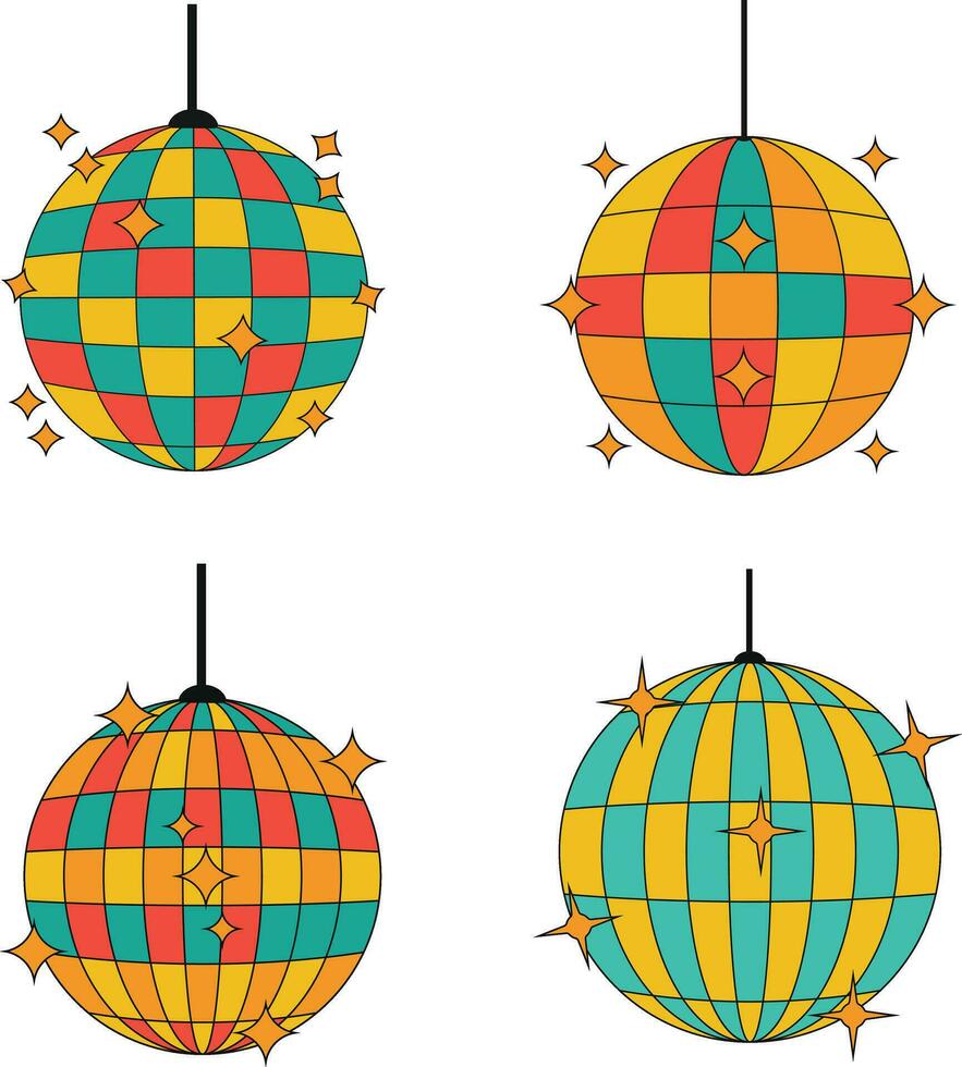 retro disko boll ikon uppsättning. tecknad serie stil. 80s fest symbol vektor
