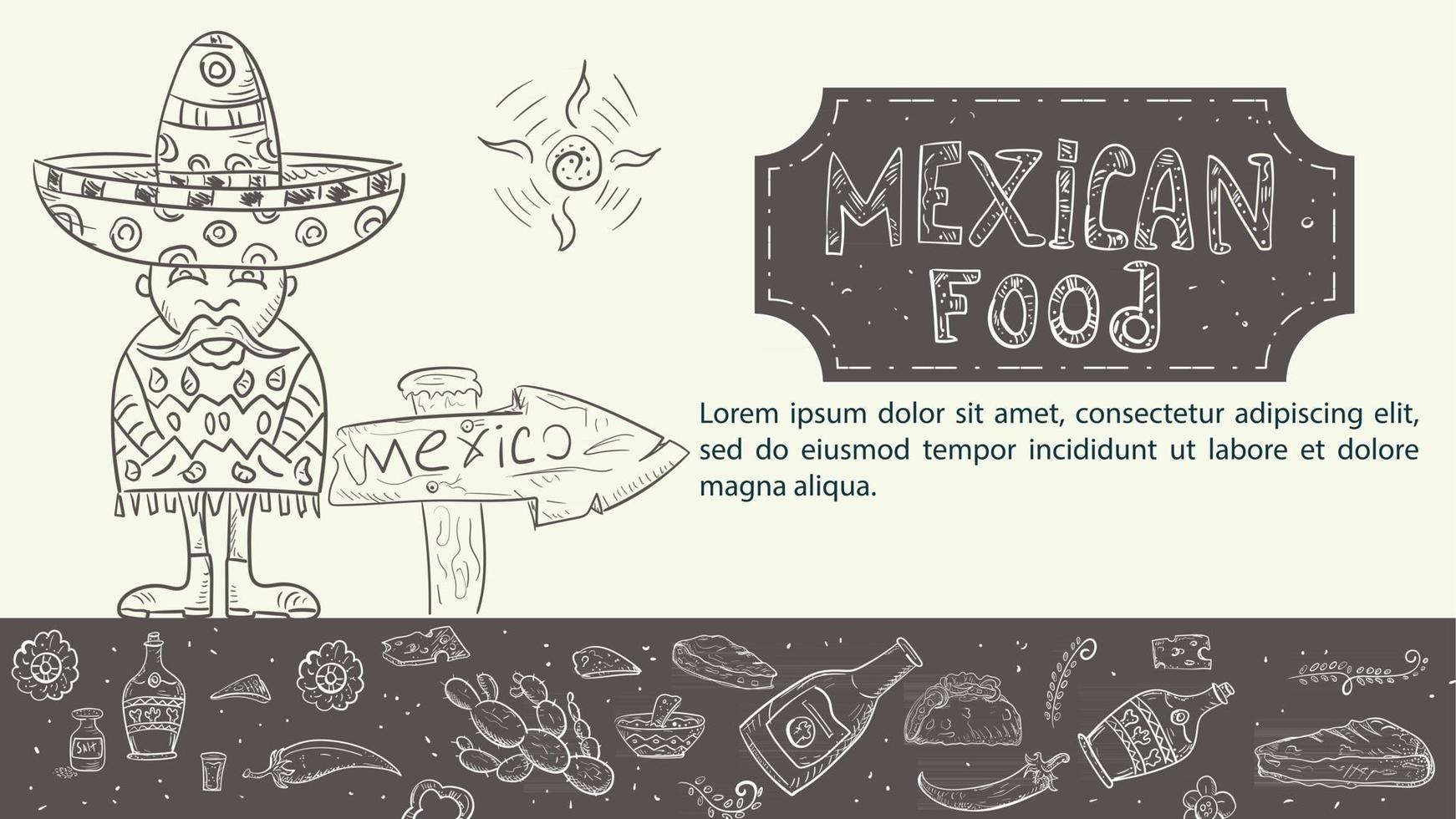 illustration en handritad skiss för en design på temat mexikansk mat en mexikansk står bredvid ett vägskylt peppar dricker tequila tortilla taco och burrito vektor