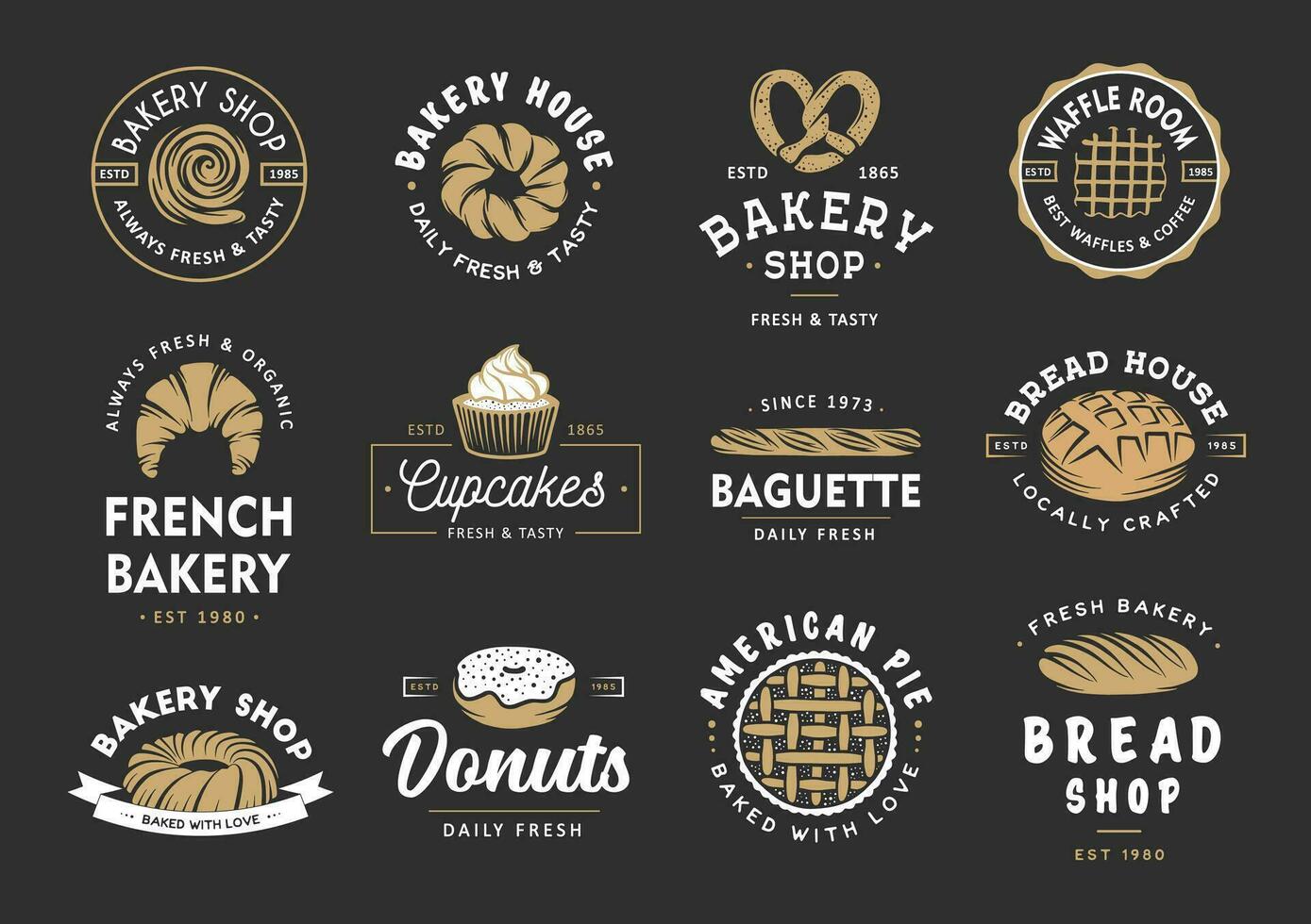 uppsättning av årgång stil bageri affär etiketter, märken, emblem och logotyp. vektor illustration. färgrik grafisk konst med graverat design element. samling av linjär grafisk på svart bakgrund.