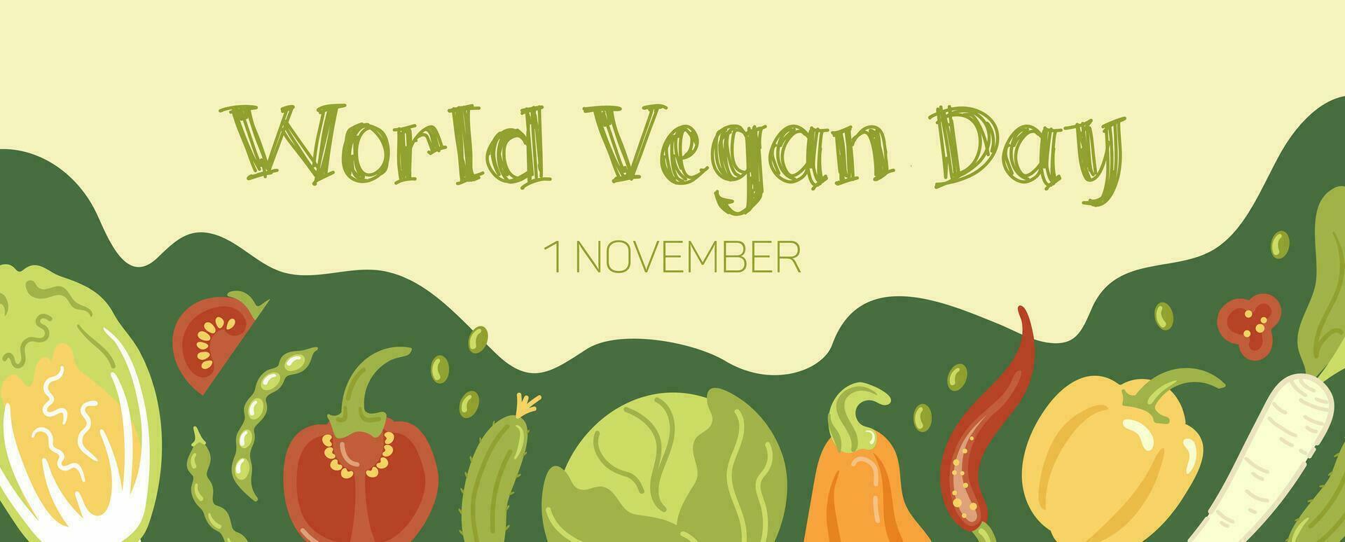 vegan Tag. horizontal Banner mit Gemüse im Karikatur Stil. daikon, Pfeffer, Kürbis, Bohnen und Tomate. zum Werbung Banner, Webseite, Poster, Verkauf Flyer. vektor