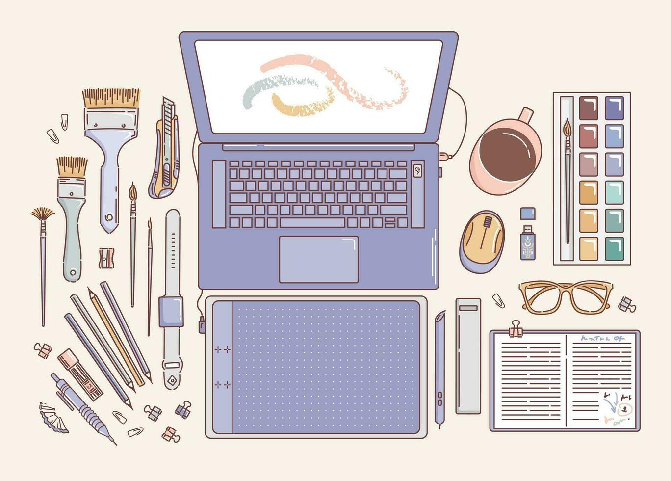 Desktop von ein Künstler oder Designer, Laptop, Farben und Bürsten, Notizbuch, Becher, Grafik Tablette, Bindemittel Clip, Stift, Blitz Antrieb, Brille. Gekritzel Stil. Büro. zum Poster, Karten, Design Elemente vektor