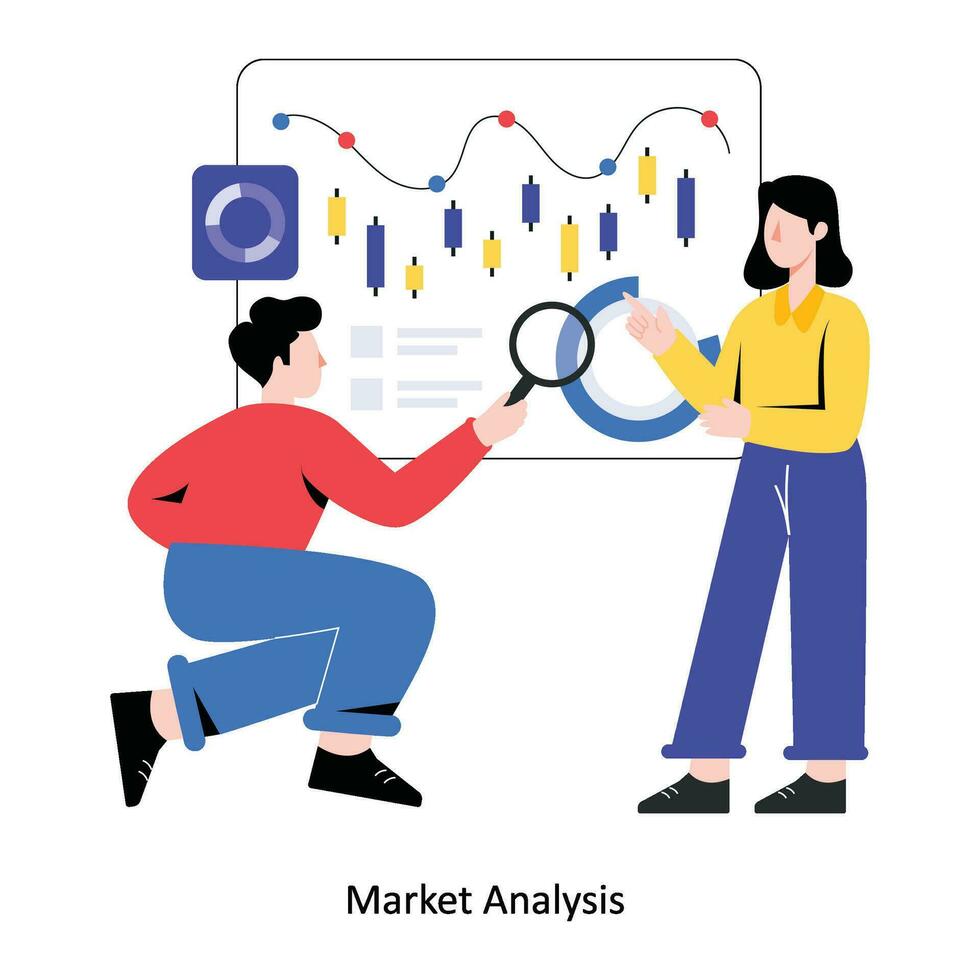 Design-Vektorillustration der flachen Art der Marktanalyse. Lagerabbildung vektor