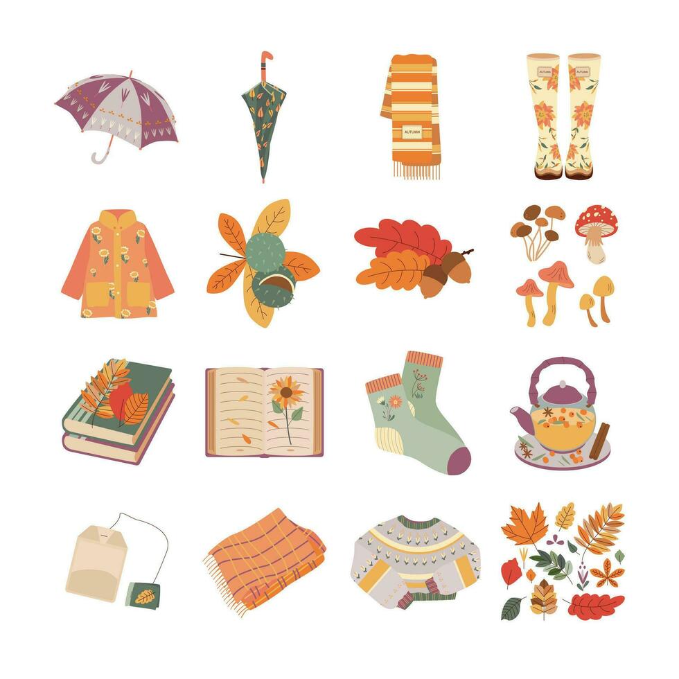 Regenschirm, Schal, Regenjacke, Pilz, Buch, Socke, Blätter, Tee, Pullover. Hallo Herbst. Herbst Jahreszeit Element, Symbol. vektor
