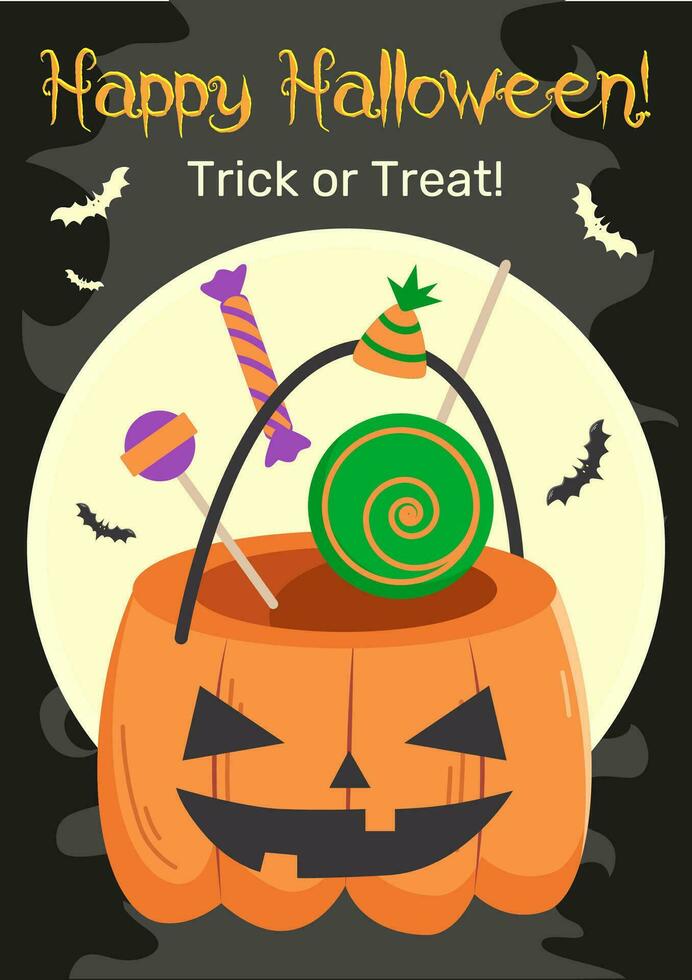 halloween kostym fest och firande meddela affisch med pumpa korg, sötsaker, full måne och flygande fladdermöss. vektor