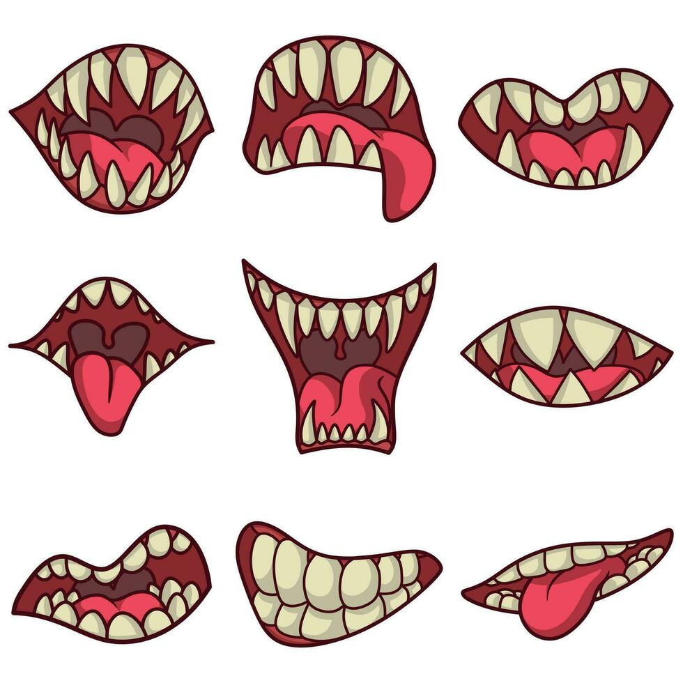 fri vektor illustration samling av mun med huggtänder och gapande tunga