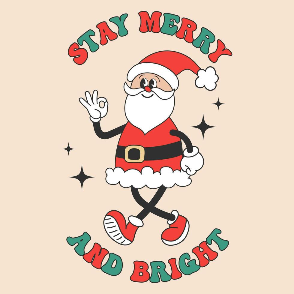 retro groovig Hippie Santa claus Charakter mit Kalligraphie Beschriftung. Weihnachten Urlaub Karte im modisch Karikatur Stil. Vektor