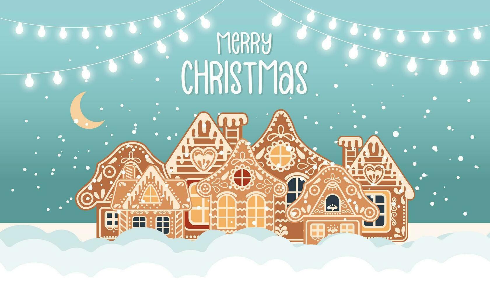 jul kort med text, pepparkaka hus i de snö med himmel och måne. illustration i platt tecknad serie stil. vektor