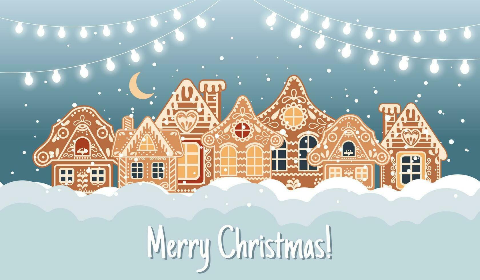 vinter- landskap med söt pepparkaka hus i de snö, glad jul hälsning kort mall med inskrift. illustration i platt stil. vektor