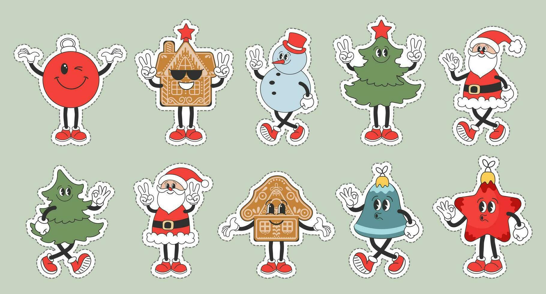 uppsättning av jul klistermärken, häftig retro tecken. snögubbe, santa claus, jul träd, pepparkaka, klocka, stjärna, jul boll. jul Semester ikoner i tecknad serie stil. vektor