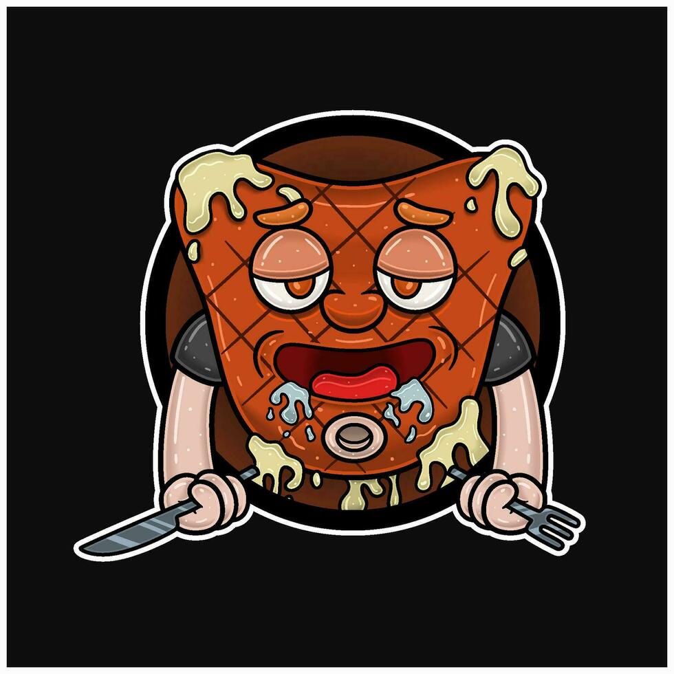 Maskottchen Karikatur von Steak mit hungrig Gesicht, halten Messer und Gabel. Kreis Logo und kostenlos editierbar. vektor