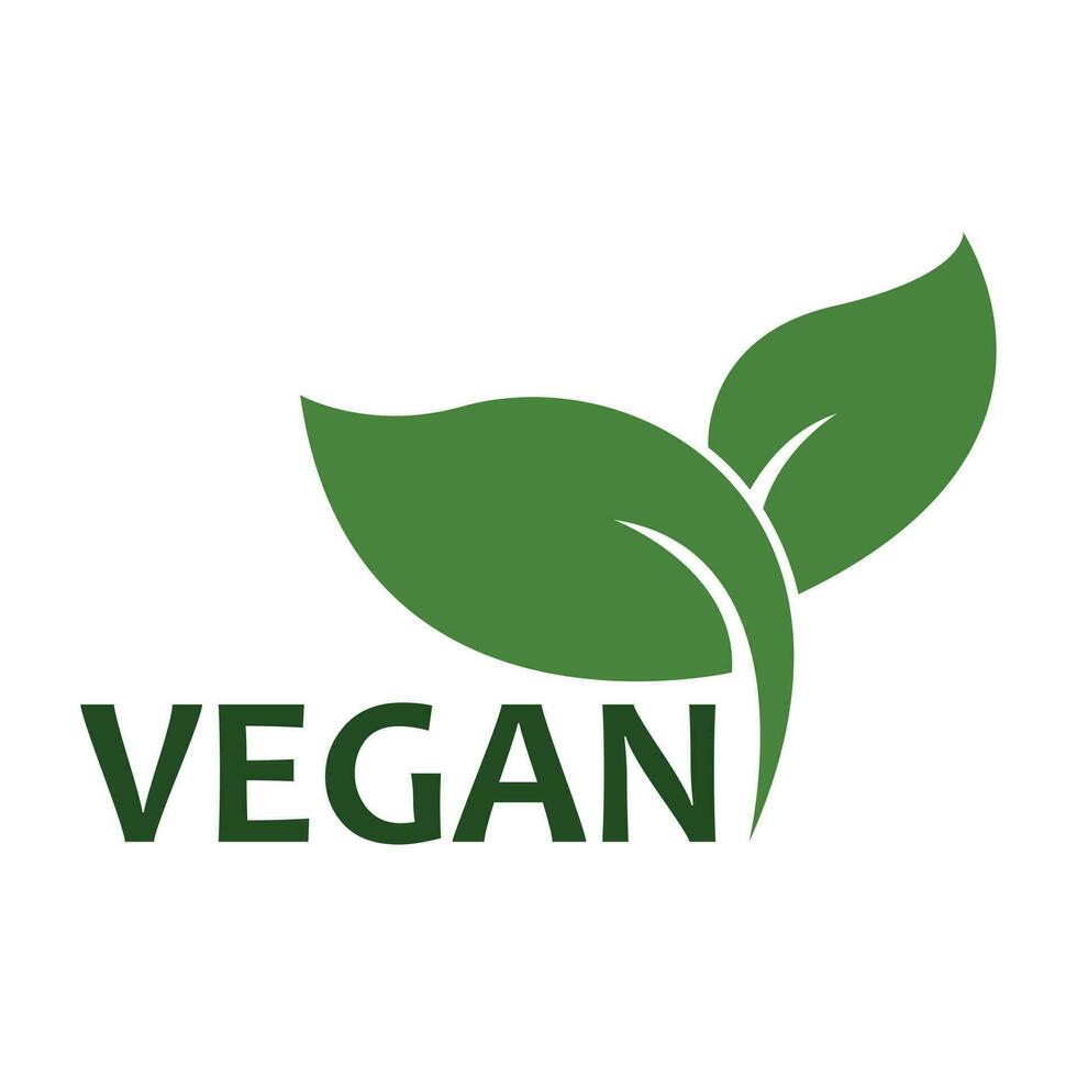 vegan klistermärke, märka, bricka och logotyp. ekologi ikon. logotyp mall med grön löv för vegan produkt. vektor illustration isolerat på vit bakgrund