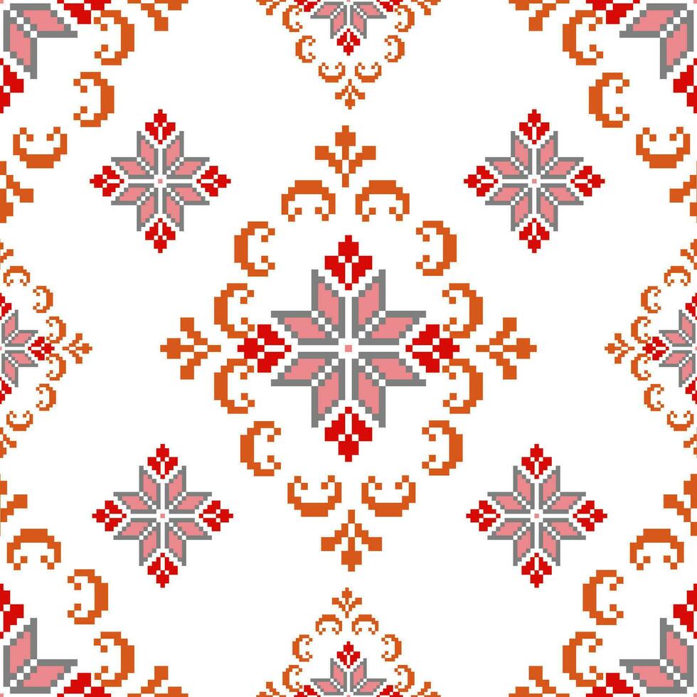 Blumen- Kreuz Stich Stickerei auf Weiß hintergrund.geometrisch ethnisch orientalisch nahtlos Muster traditionell.aztekisch Stil abstrakt Vektor illustration.design zum Textur, Stoff, Kleidung, Verpackung, Sarong.