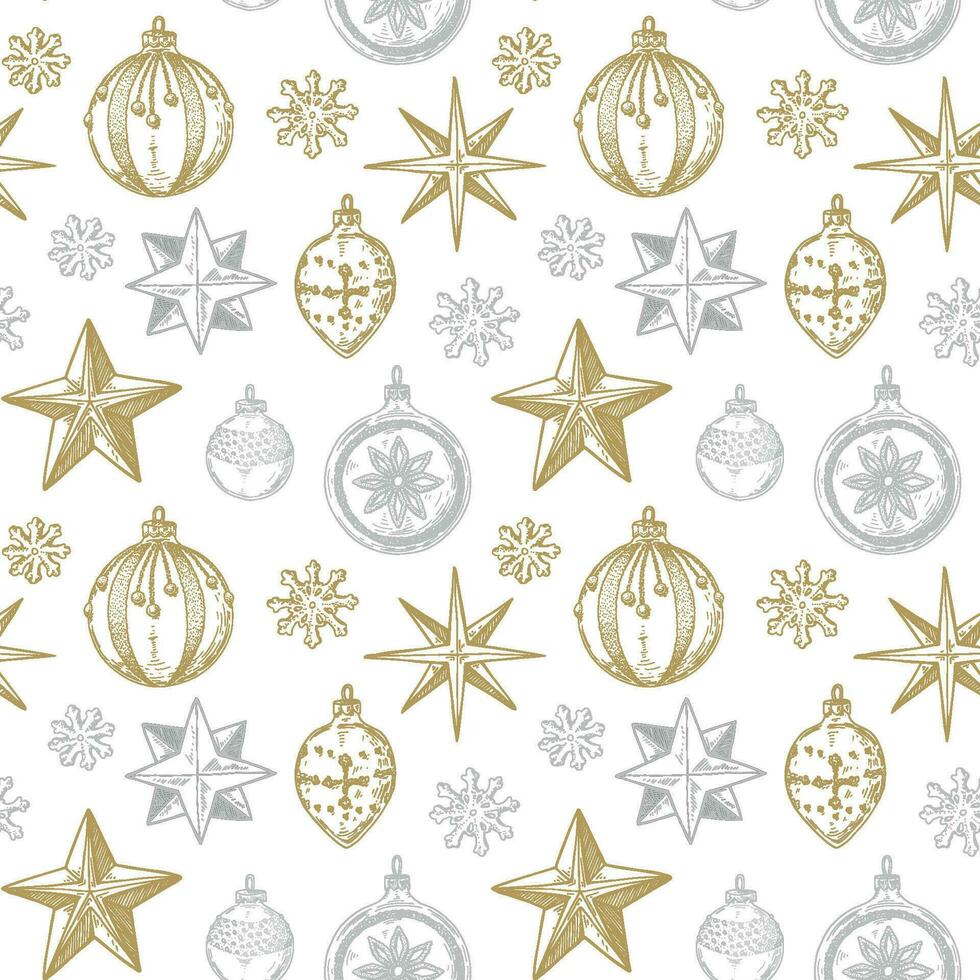 glad jul och Lycklig ny år sömlös mönster med gyllene hand dragen stjärnor och leksaker. festlig bakgrund. vektor illustration i skiss stil