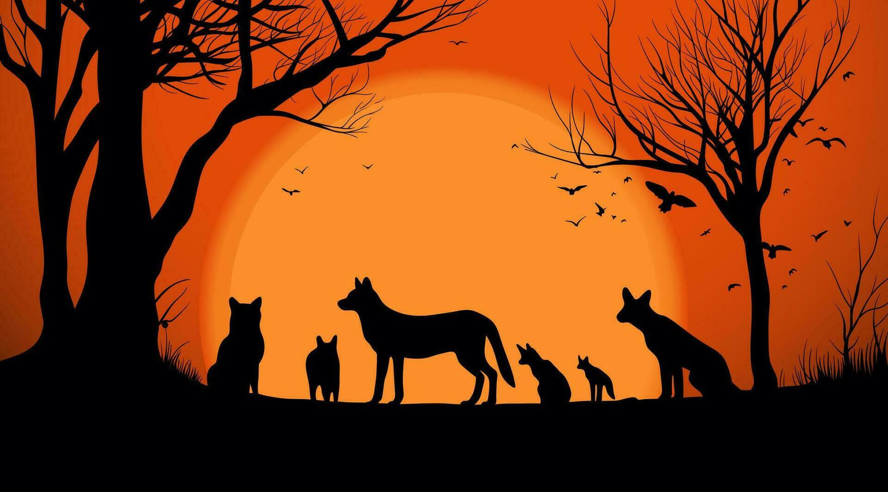 Silhouetten von ein Gruppe von Tiere Stehen in der Nähe von ein Baum vektor