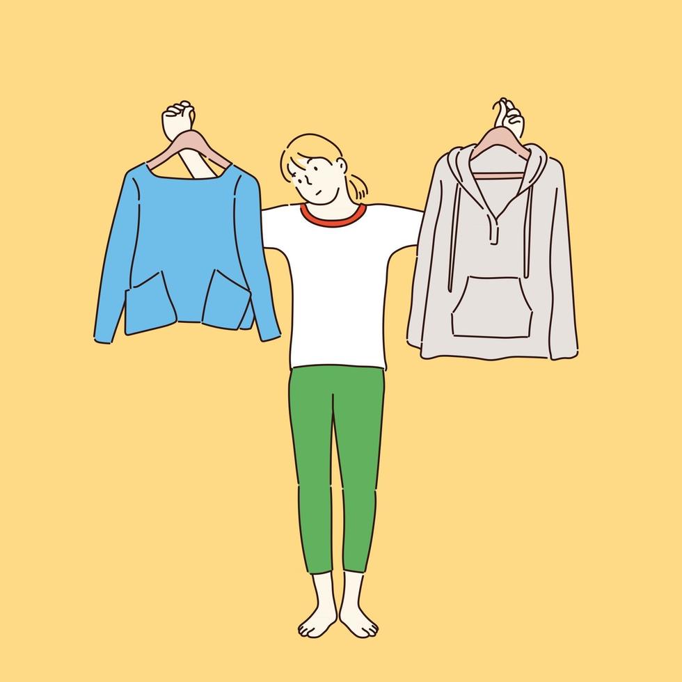 en kvinna som håller två kläder och tänker. handritade illustrationer för stilvektordesign. vektor