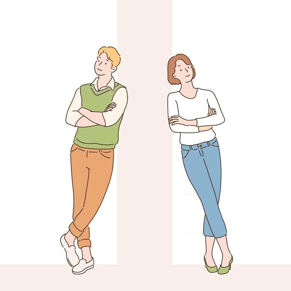 två personer står lutande mot väggen. handritade illustrationer för stilvektordesign. vektor