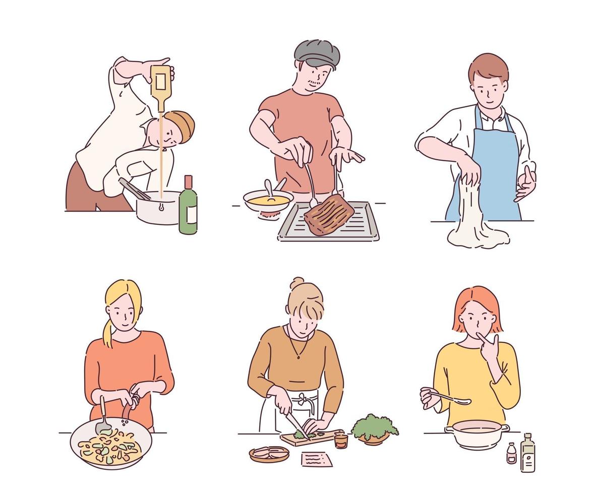 eine Ansammlung von Leuten, die verschiedene Gerichte zubereiten. handgezeichnete Stilvektordesignillustrationen. vektor