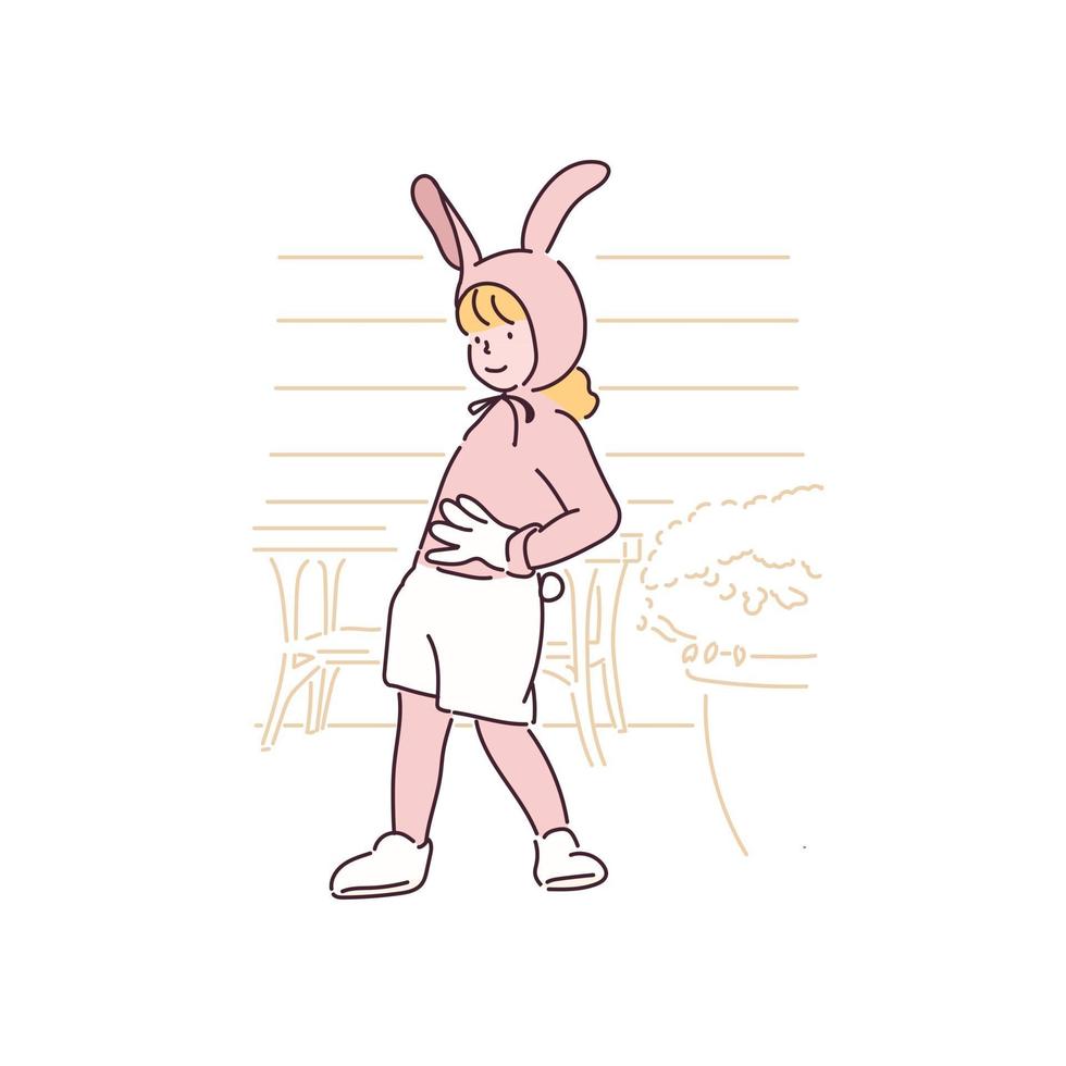 en flicka i en söt kanindräkt. handritade illustrationer för stilvektordesign. vektor