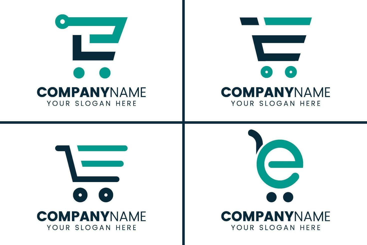 vagn affär och brev e logotyp. e-handel logotyp design vektor