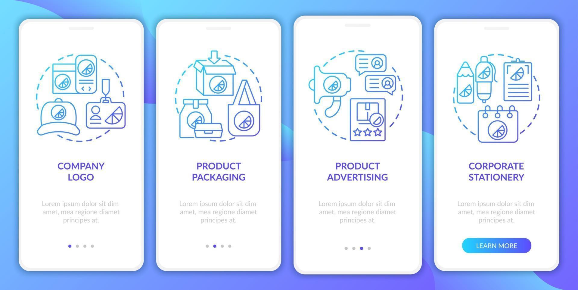 Corporate Brand Identity Onboarding mobiler App-Seitenbildschirm mit Konzepten. Logo, Verpackung Walkthrough 4 Schritte grafische Anweisungen. ui, ux, gui-Vektorvorlage mit linearen Farbillustrationen vektor