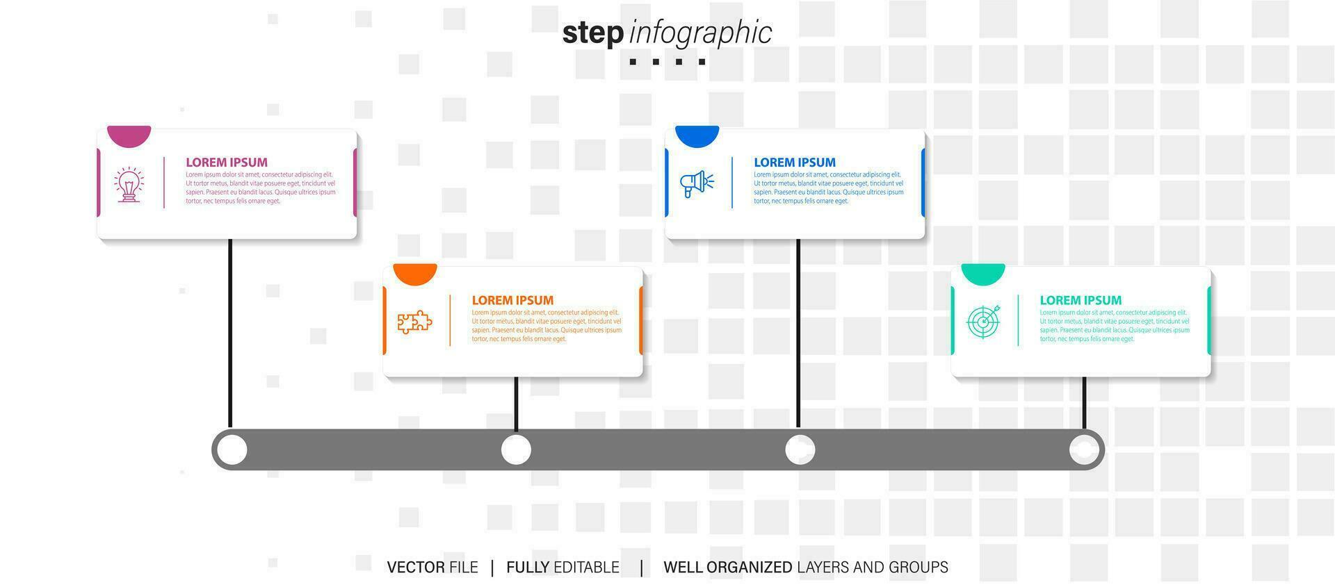 sinne Karta infographic mall eller element som en vektor med 4 steg, bearbeta, alternativ, färgrik märka, ikoner, halvcirkelformig, cirkulär, gren pil, för försäljning glida eller presentation, minimal, modern stil