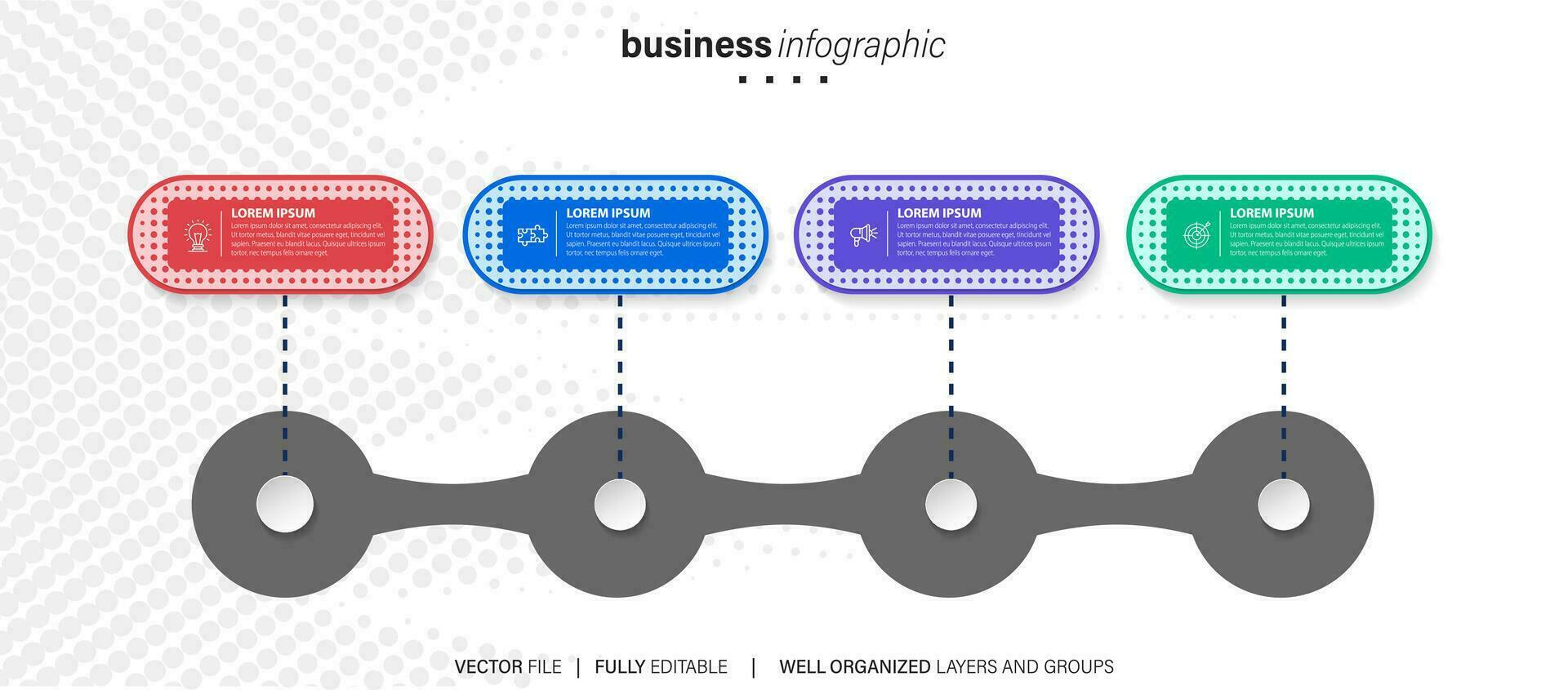 sinne Karta infographic mall eller element som en vektor med 4 steg, bearbeta, alternativ, färgrik märka, ikoner, halvcirkelformig, cirkulär, gren pil, för försäljning glida eller presentation, minimal, modern stil