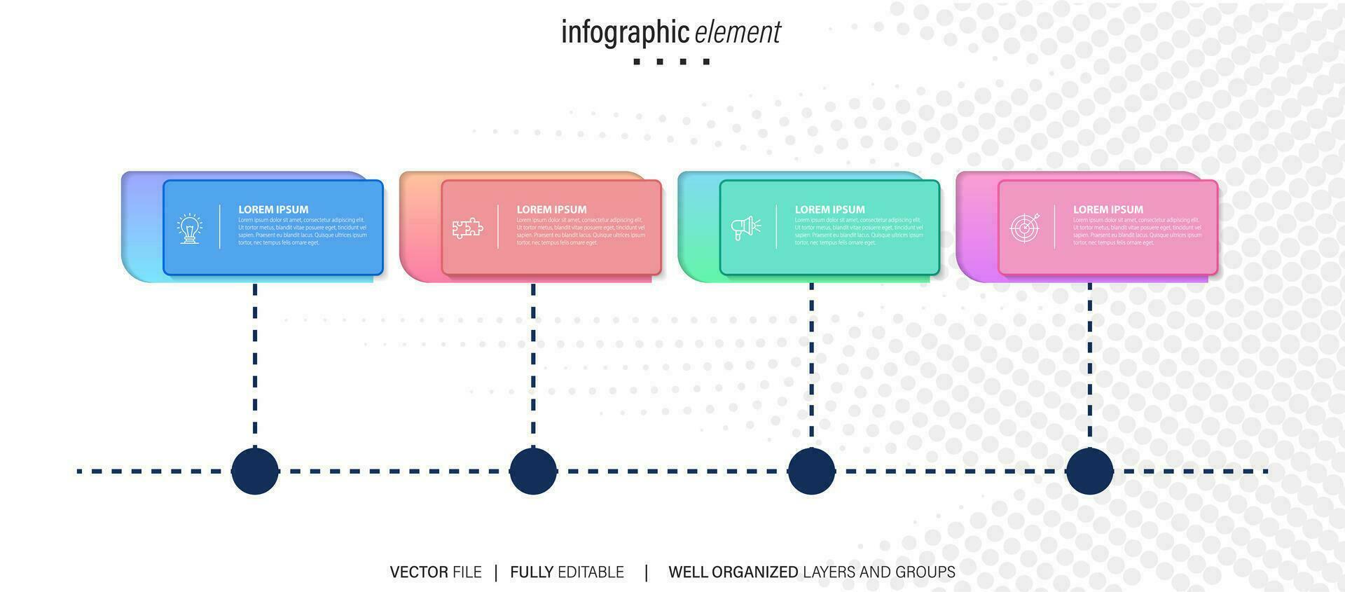 Diagram tidslinje infographic mall eller element med 4 projekt, bearbeta, steg, alternativ, färgrik bar, pil, minimal, modern stil för försäljning glida, planerare, arbetsflöde, färdplan, webb vektor