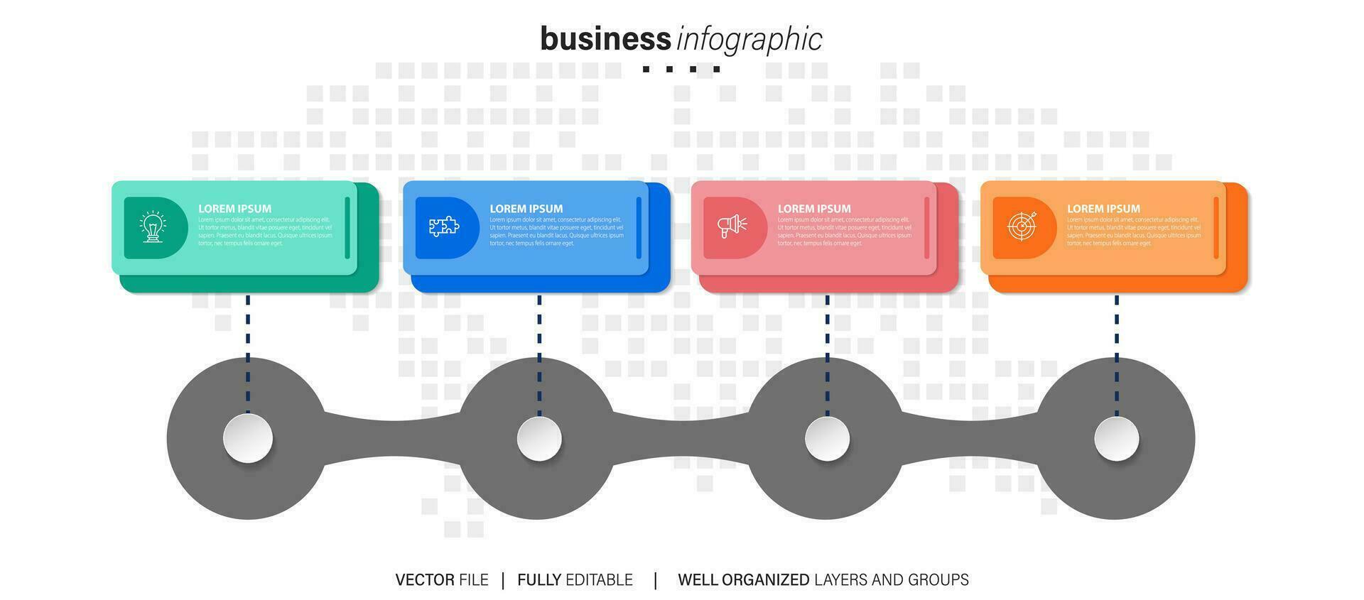 Diagram tidslinje infographic mall eller element med 4 projekt, bearbeta, steg, alternativ, färgrik bar, pil, minimal, modern stil för försäljning glida, planerare, arbetsflöde, färdplan, webb vektor