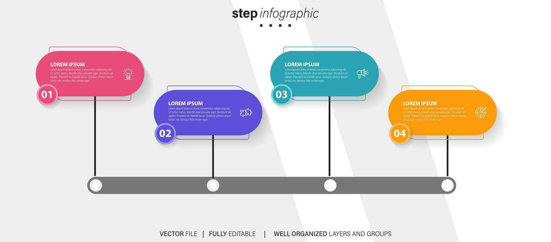 Diagramm Zeitleiste Infografik Vorlage oder Element mit 4 Projekt, Verfahren, Schritt, Möglichkeit, bunt Bar, Pfeil, minimal, modern Stil zum Verkauf gleiten, Planer, Arbeitsablauf, Fahrplan, Netz vektor