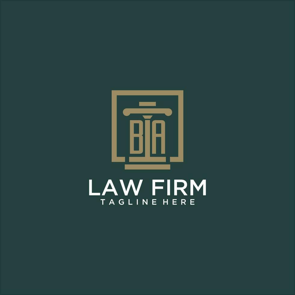 ba första monogram logotyp för advokatbyrå med pelare design i kreativ fyrkant vektor