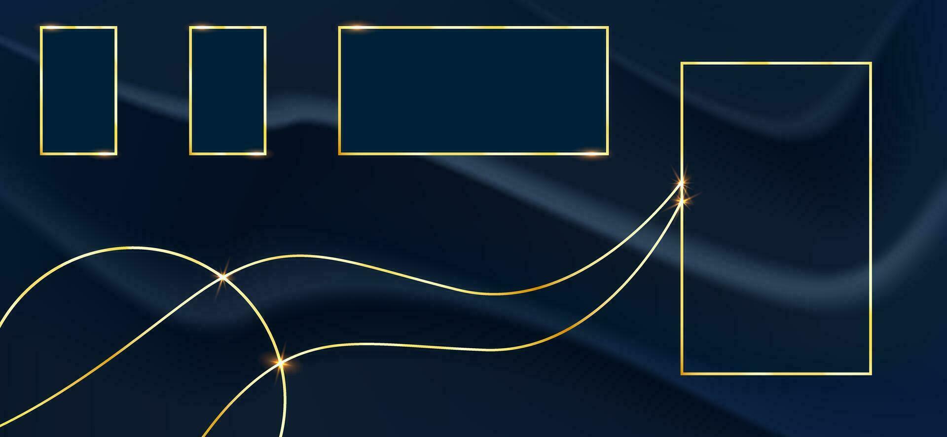 abstrakt lyxig fyrkant ram och cirkel gyllene med kurva rader guld på tyg skrynkliga design mörk blå bakgrund. vektor illustration
