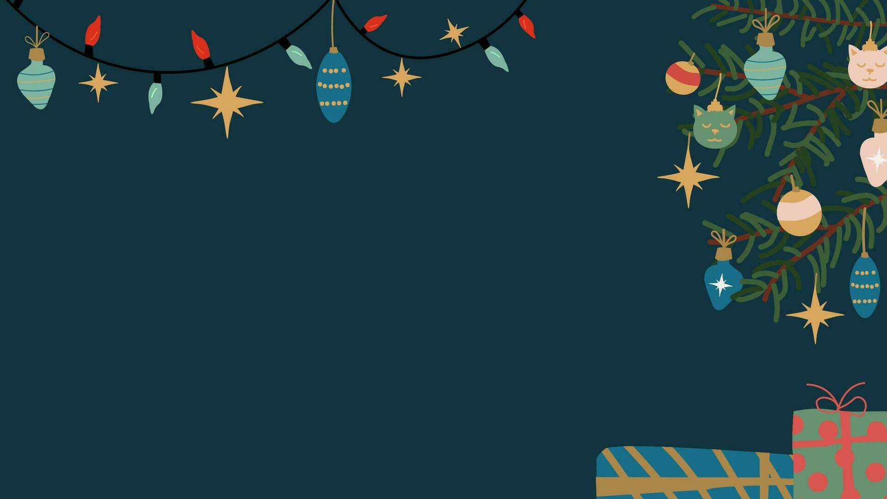 jul bakgrund med en jul träd, presenterar och dekorationer. vektor