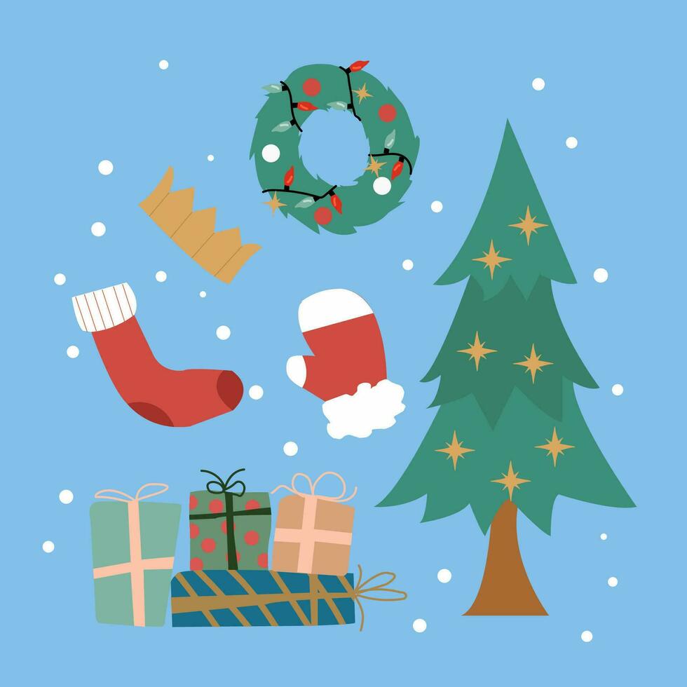handgemalt eben Weihnachten Elemente mit Weihnachten Baum die Geschenke und ein Weihnachten Kranz. vektor