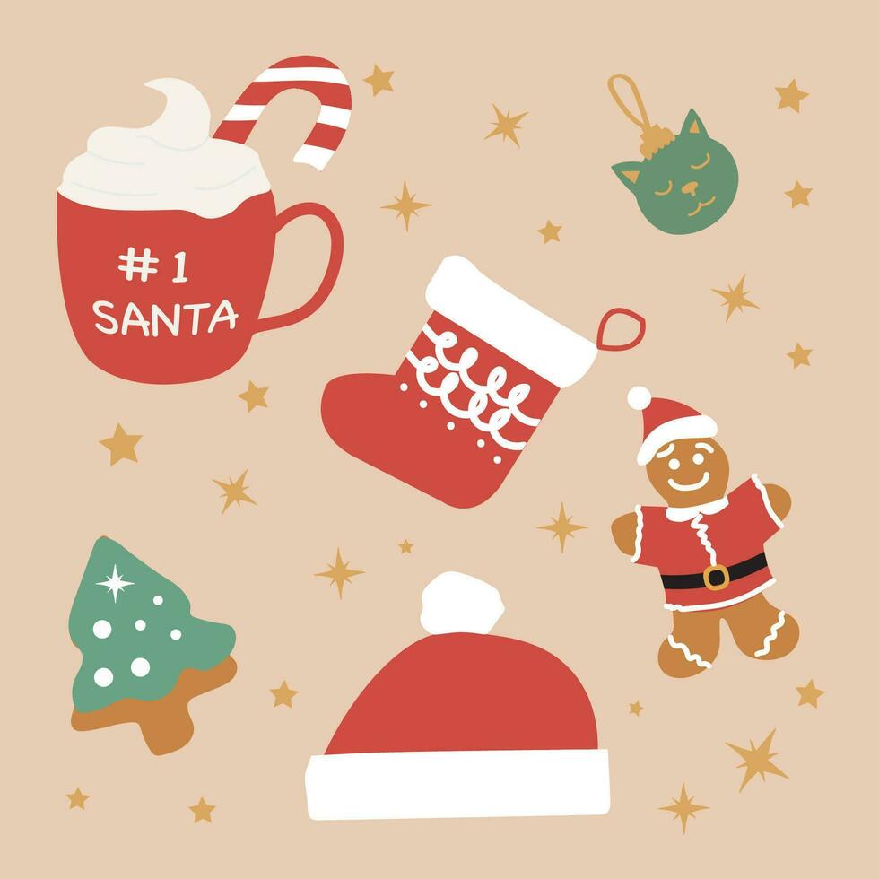 Weihnachten Elemente mit Lebkuchen Kekse, heiß Schokolade und Weihnachten Strümpfe. vektor