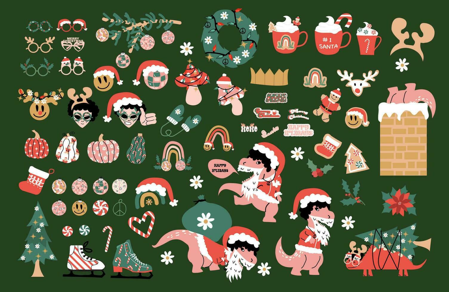 häftig jul grafisk element samling med dinosaurie santa och 70s retro föremål. vektor