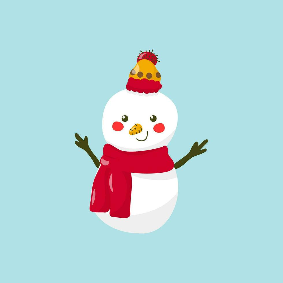 Vektor Bild von ein süß Schneemann im ein Hut und Schal. im Karikatur Stil.