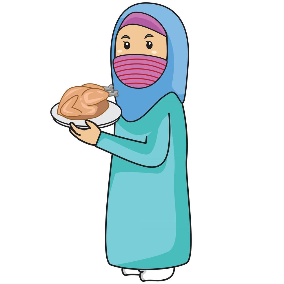 muslimische frau oder mutter verwenden blaues hemd, ramadan-nacht bringt gebratenes hühnchen, mit maske und gesundem protokoll.charakterillustration. vektor